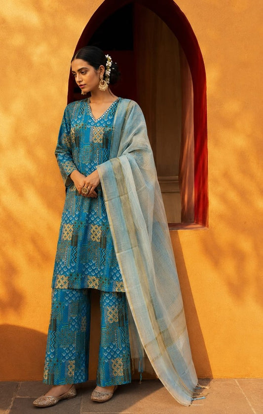 House of Paral Women's Blue Ethnic Kurta Set with Kota Dupatta