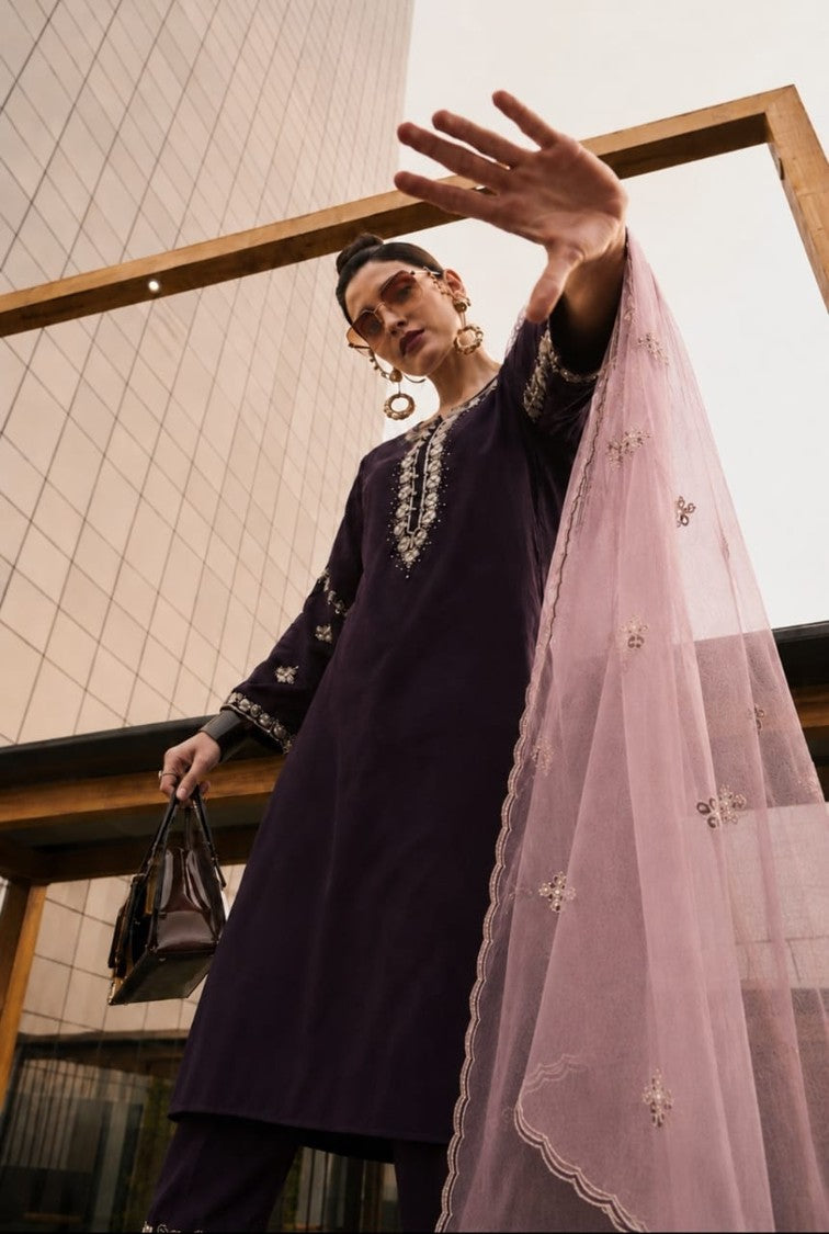 House of Paral Dark Blue Embroidered Kurta Set with Pink Net Dupatta