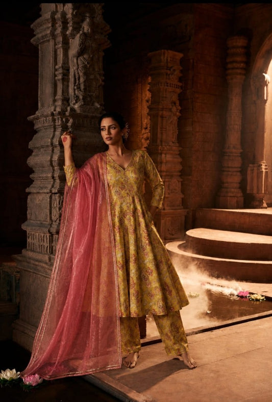 House of Paral Mustard Yellow Floral Blend Suit Set with Pink Dupatta