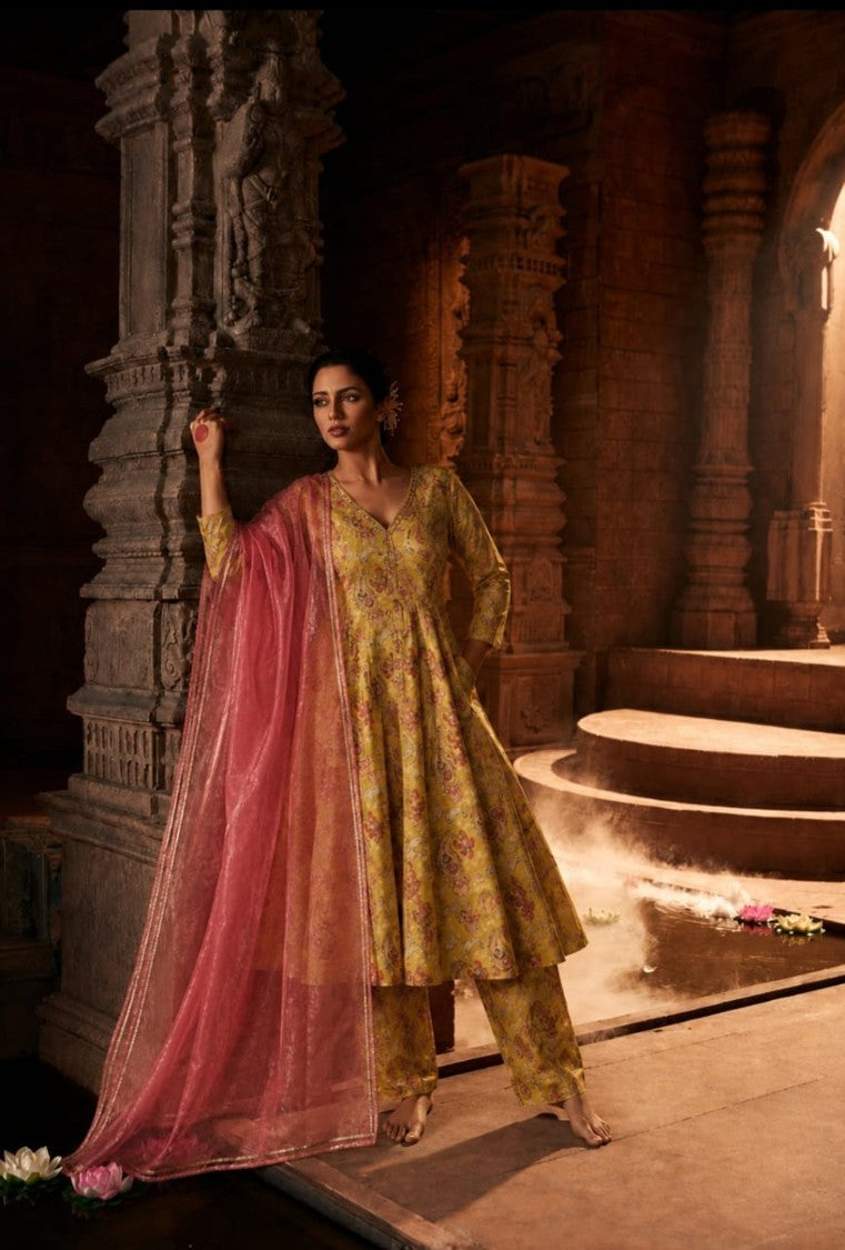 House of Paral Mustard Yellow Floral Blend Suit Set with Pink Dupatta