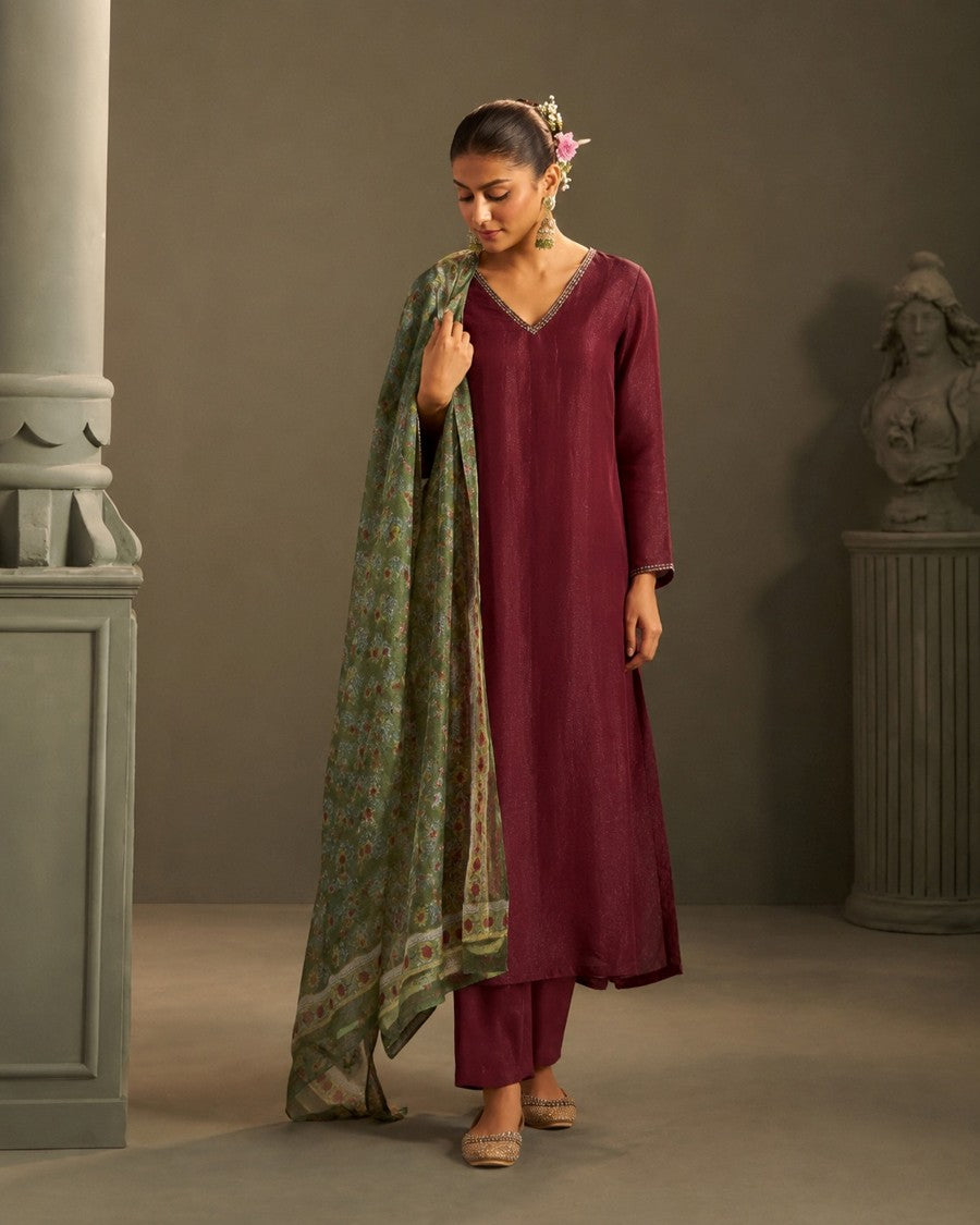 House of Paral Burgundy Blend Suit Set with Printed Kota Dupatta