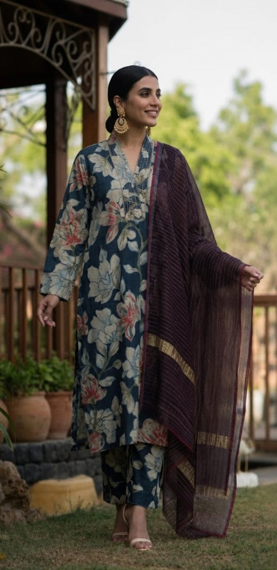 House of Paral Women Teal Blue Floral Ethnic Suit Set with Dupatta