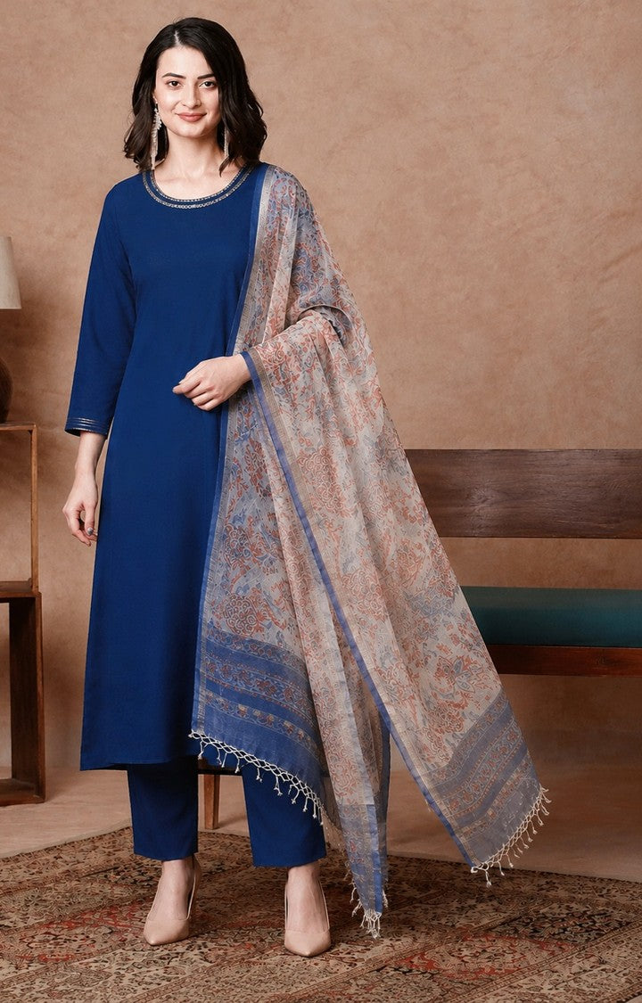House of Paral Blue Blend Suit Set with Printed Kota Dupatta