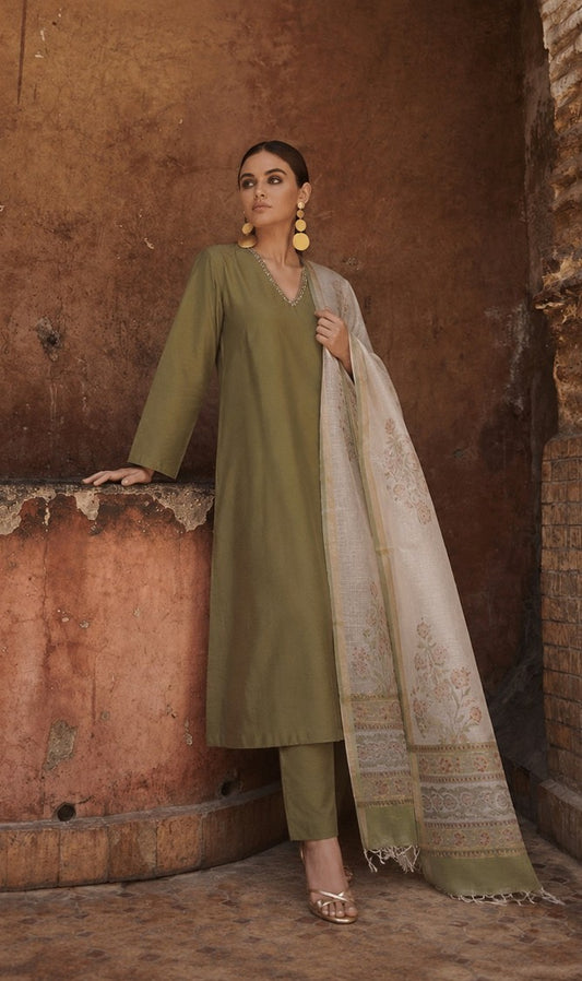 Olive Green Nylon Viscose Kurta Set with Kota Dupatta – House of Paral