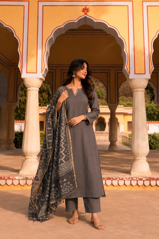 House of Paral Charcoal Grey Suit Set with Kota Dupatta