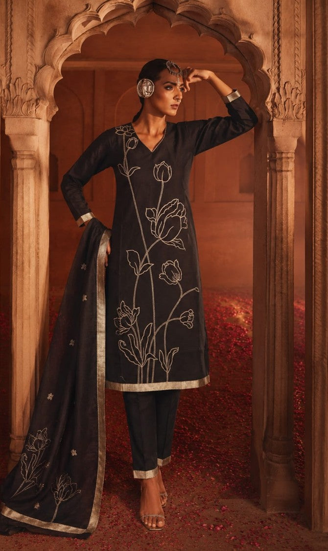 House Of Paral Black Cotton Jacquard Embroidered Kurta Set with Dupatta