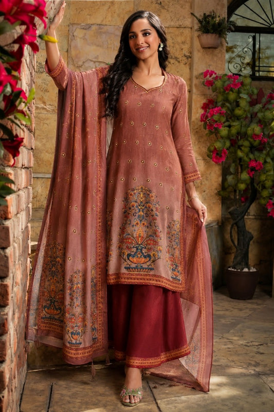 House of Paral Dusty Pink Printed Kurta Set with Red Bottom