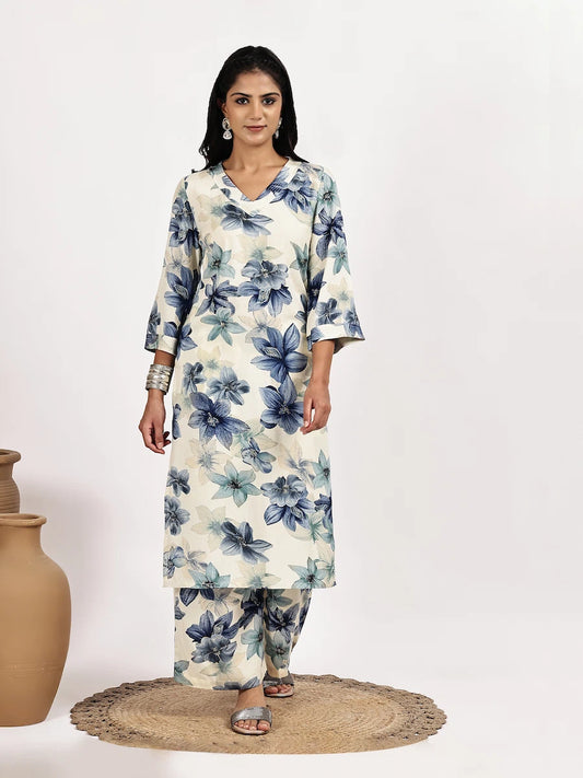 off white Blue Floral Print Kurta with palazzo