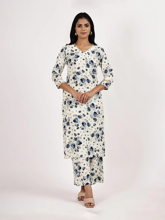 White & Blue Floral Printed Kurta with Pant