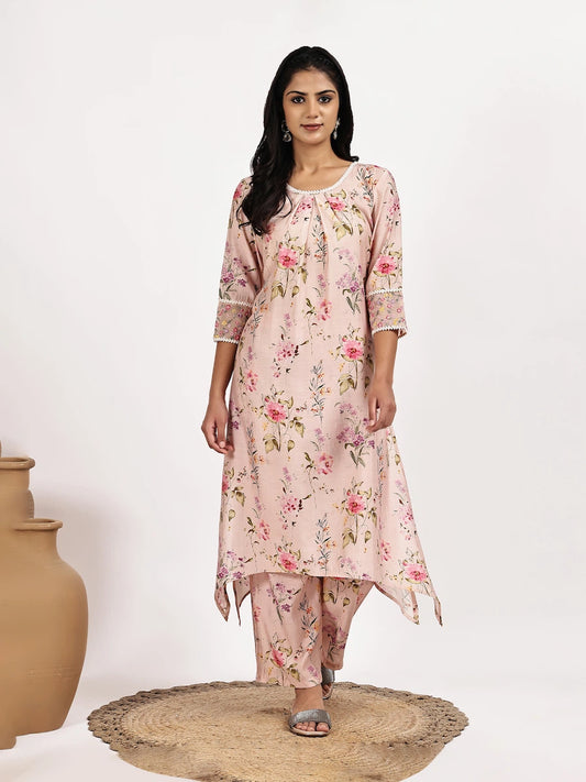 blush Pink Floral Asymmetric Kurta with pant