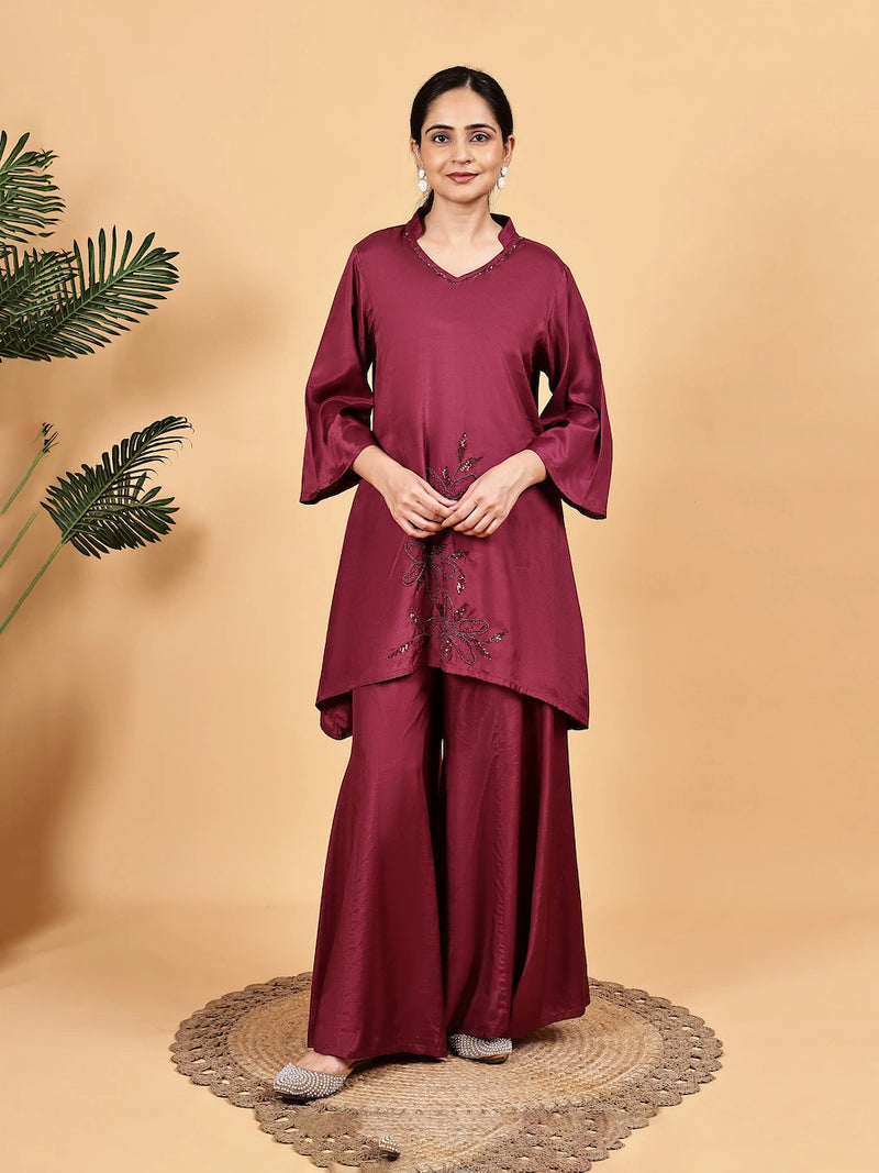 Solid Wine Co-Ord Set with Embroidery- Elegant Look