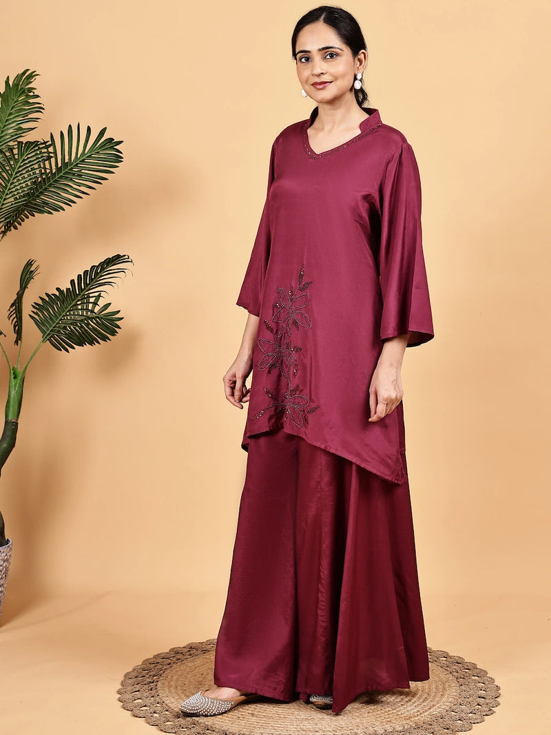 Solid Wine Co-Ord Set with Embroidery- Elegant Look