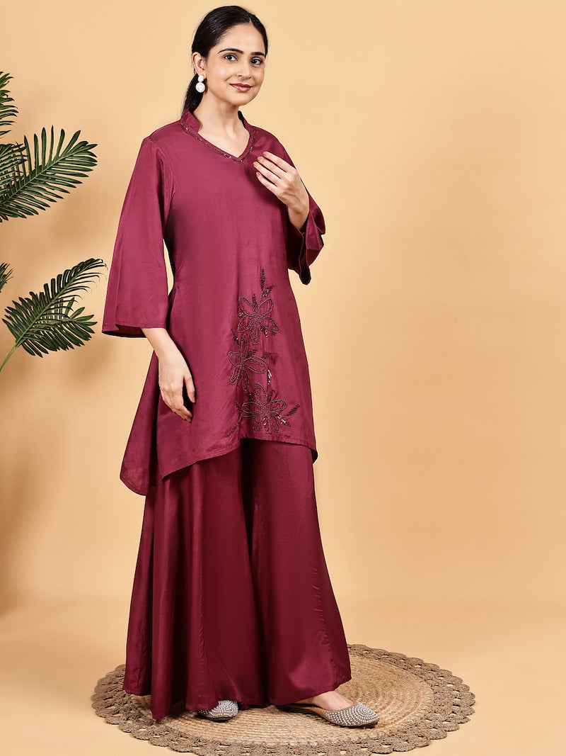 Solid Wine Co-Ord Set with Embroidery- Elegant Look