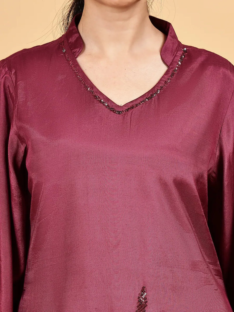 Solid Wine Co-Ord Set with Embroidery- Elegant Look