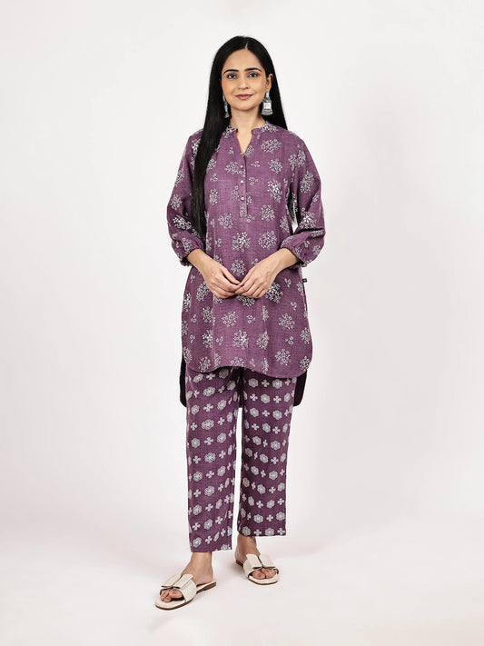 PURPLE EMBOSE FLORAL PRINT CO-ORD SET