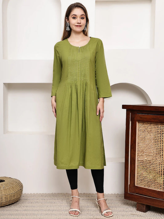 Mustered Green Pintuck A-Line Kurta for Women