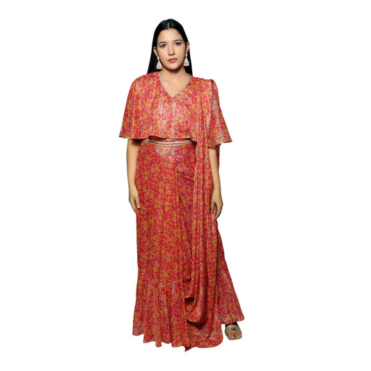 Dusty Orange with Lurex Printed Saree Dress