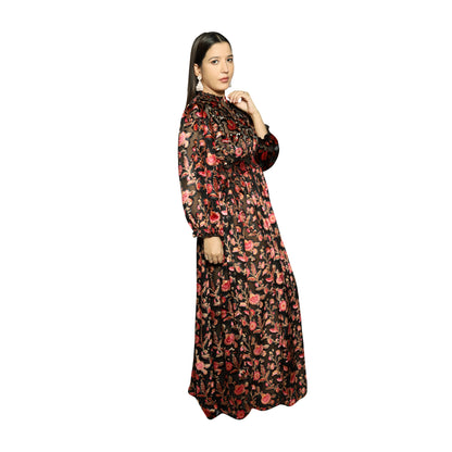 Dusty Red printed Devoré (also called burnout) dress along with Spegatie