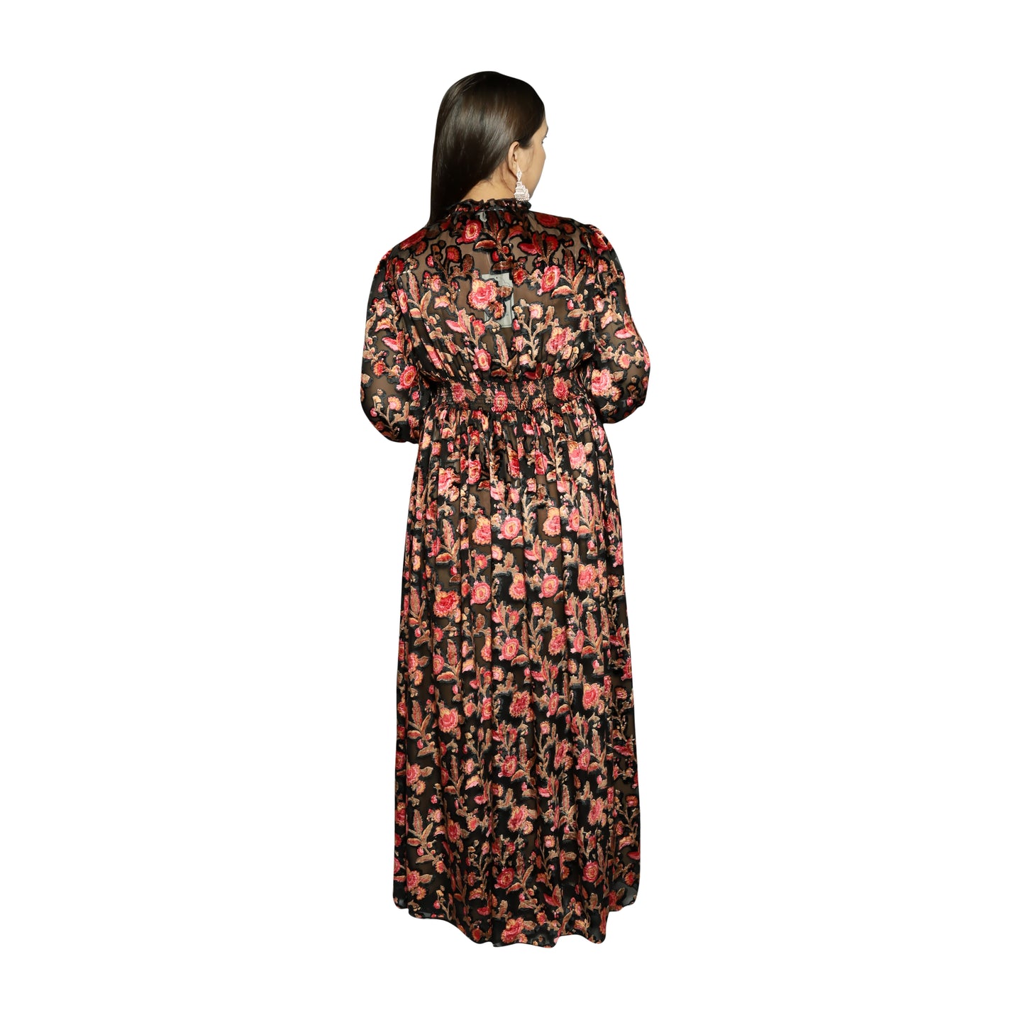 Dusty Red printed Devoré (also called burnout) dress along with Spegatie