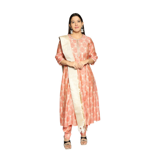 Light Orange printed Kurta along with printed Pants and Dupatta