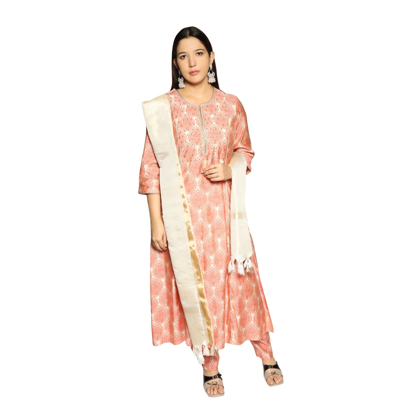 Light Orange printed Kurta along with printed Pants and Dupatta