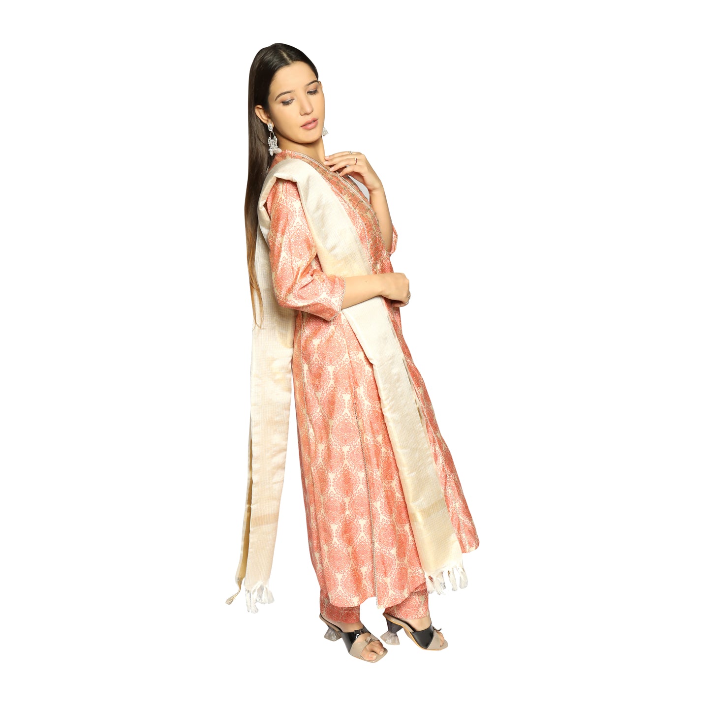 Light Orange printed Kurta along with printed Pants and Dupatta