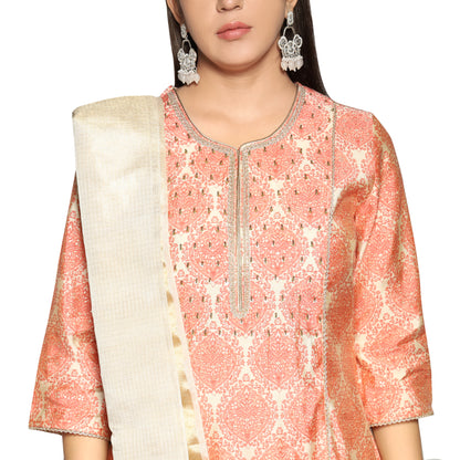 Light Orange printed Kurta along with printed Pants and Dupatta