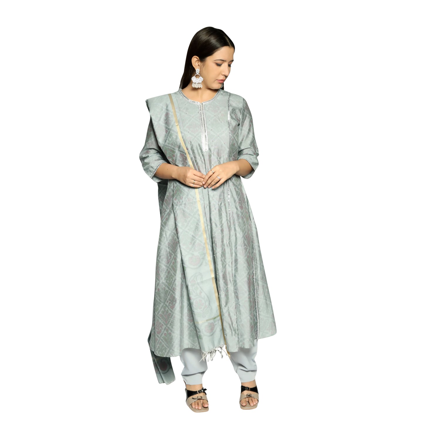 Silver Grey 3D printed Kurta along with printed Dupatta and solid Pants