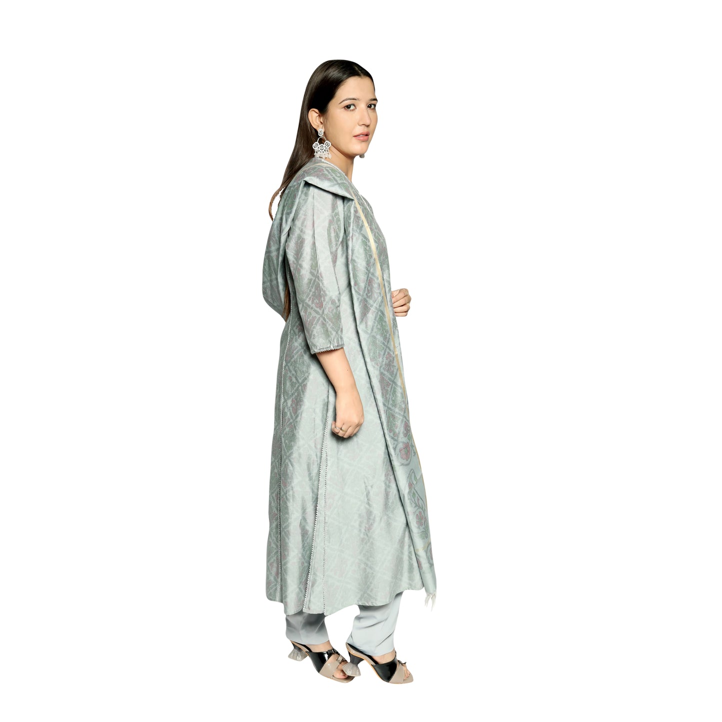 Silver Grey 3D printed Kurta along with printed Dupatta and solid Pants