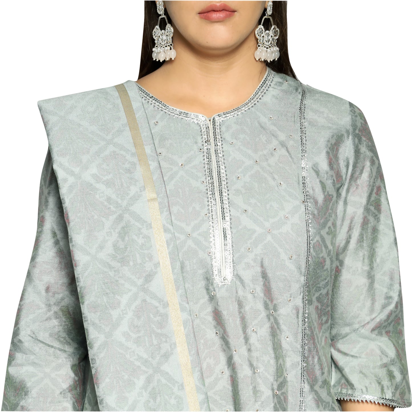 Silver Grey 3D printed Kurta along with printed Dupatta and solid Pants