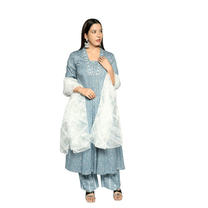 Cream Blue printed Kurta  along with Pants and Glass Nylon Dupatta