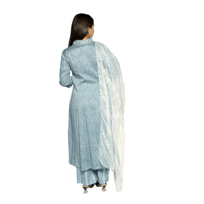 Cream Blue printed Kurta  along with Pants and Glass Nylon Dupatta