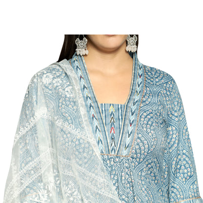 Cream Blue printed Kurta  along with Pants and Glass Nylon Dupatta