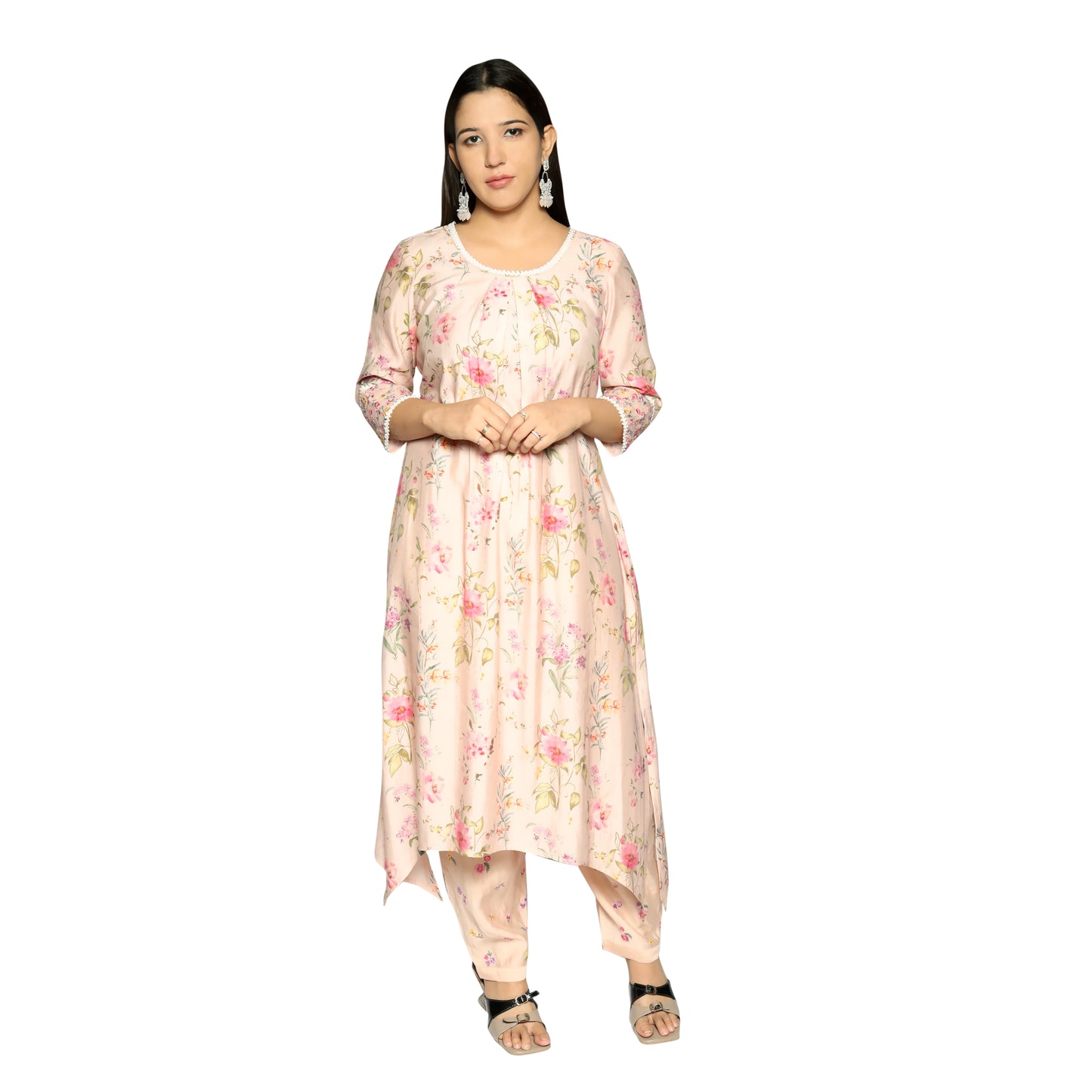 Light Pink printed flaired embroidred Kurta with afghani Salwar