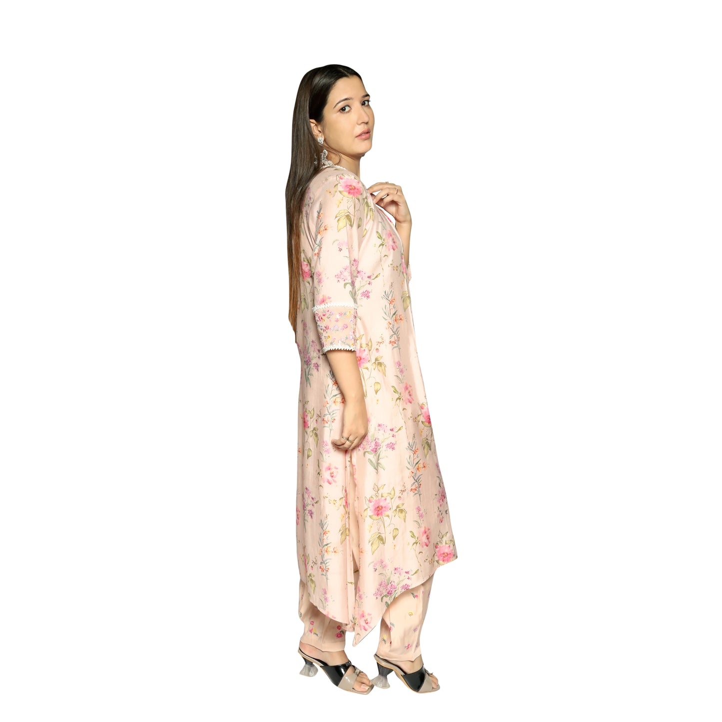 Light Pink printed flaired embroidred Kurta with afghani Salwar