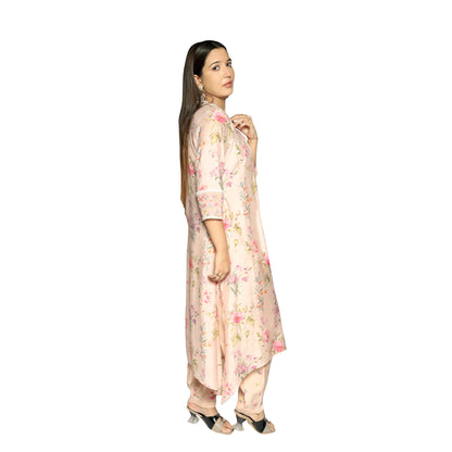 Light Pink printed flaired embroidred Kurta with afghani Salwar