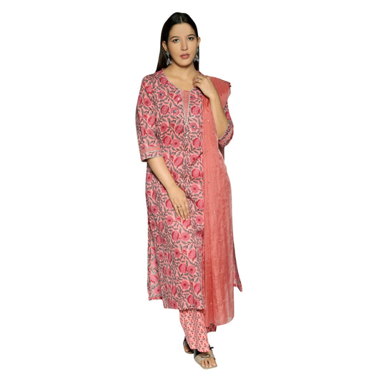 Rose Pink printed straight Kurta along with Pants and organza dupatta