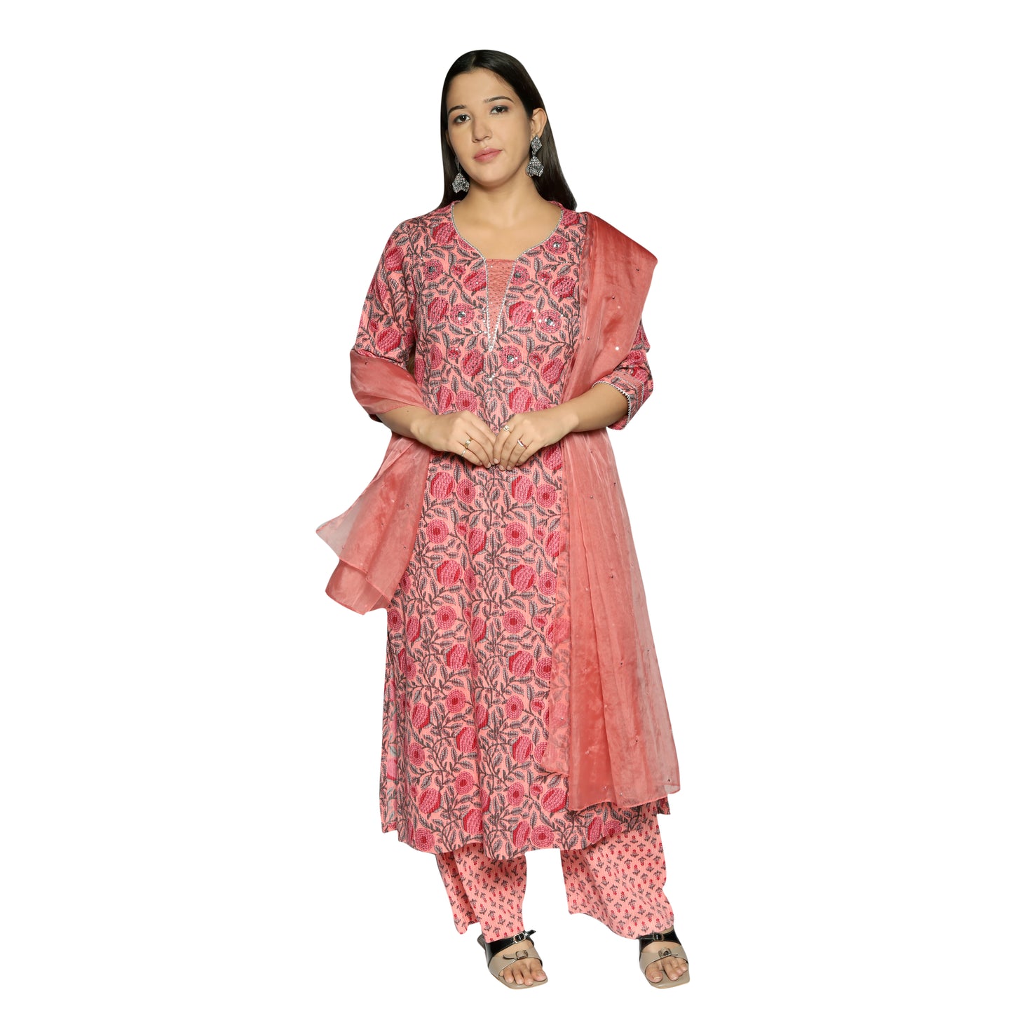 Rose Pink printed straight Kurta along with Pants and organza dupatta