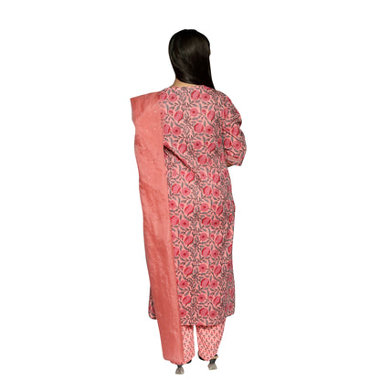 Rose Pink printed straight Kurta along with Pants and organza dupatta