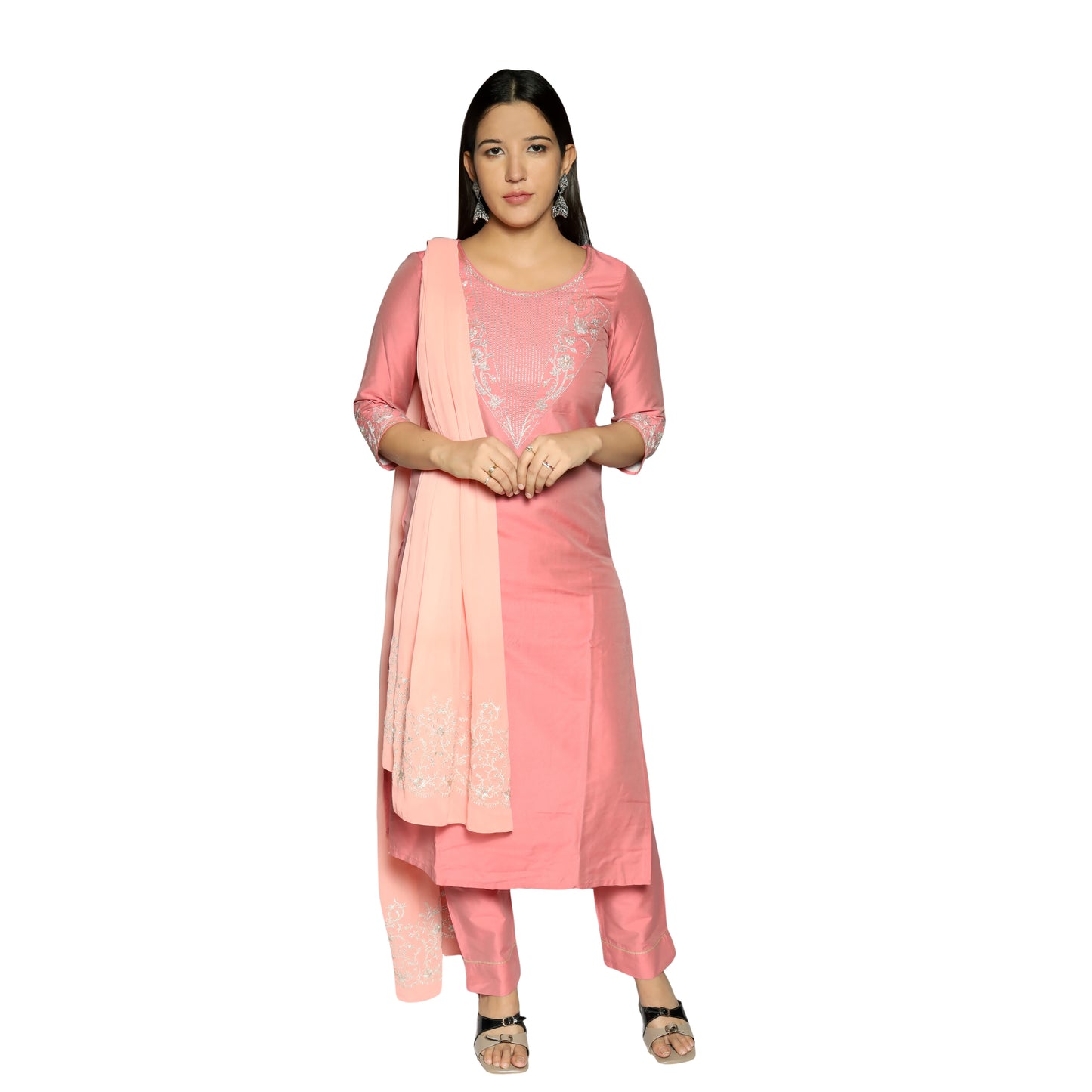 Royal Pink embroidered Kurta with Pants and embroidered georggete dupatta