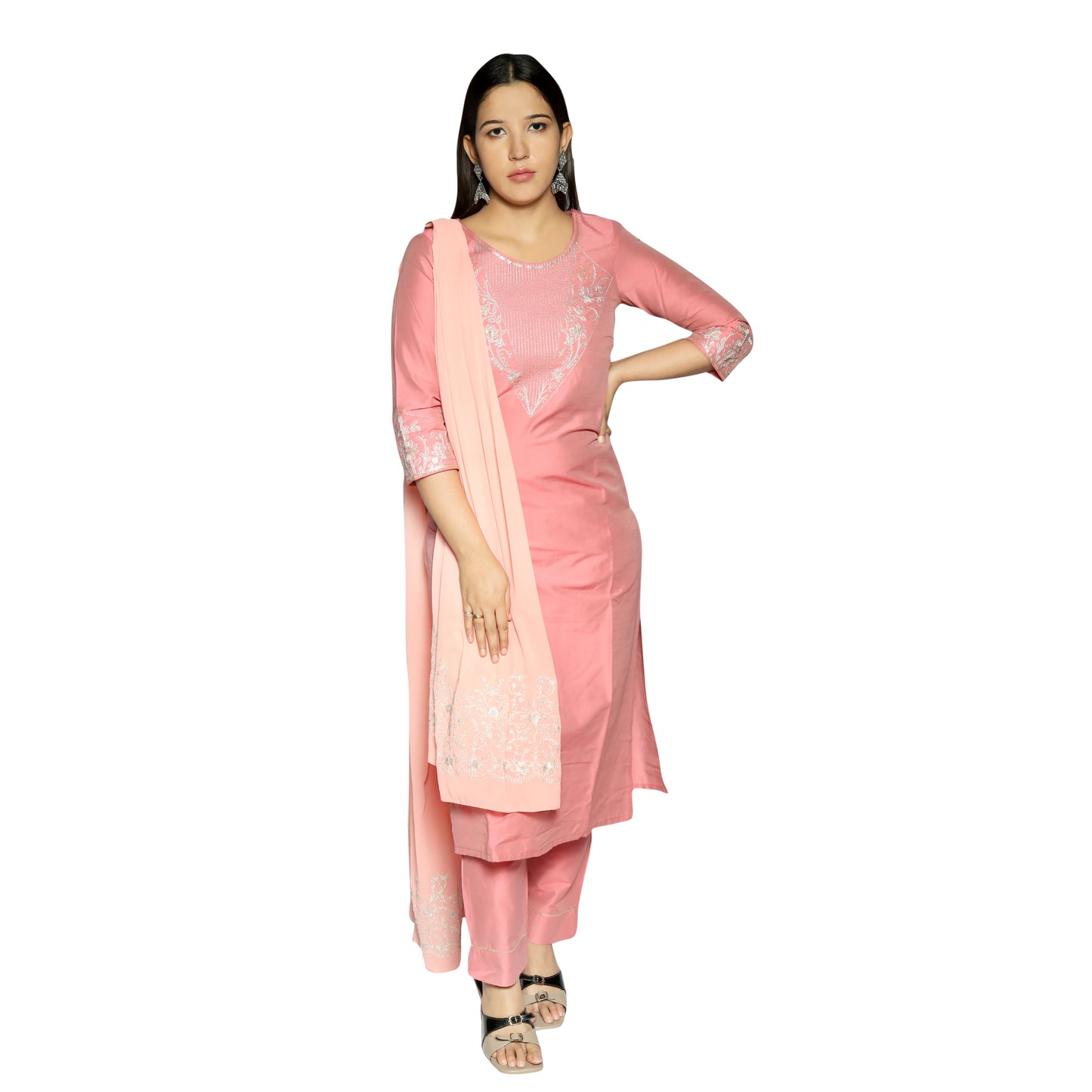 Royal Pink embroidered Kurta with Pants and embroidered georggete dupatta