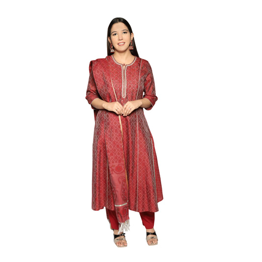 Maroon 3D Print Kurta and  Dupatta with solid Pants