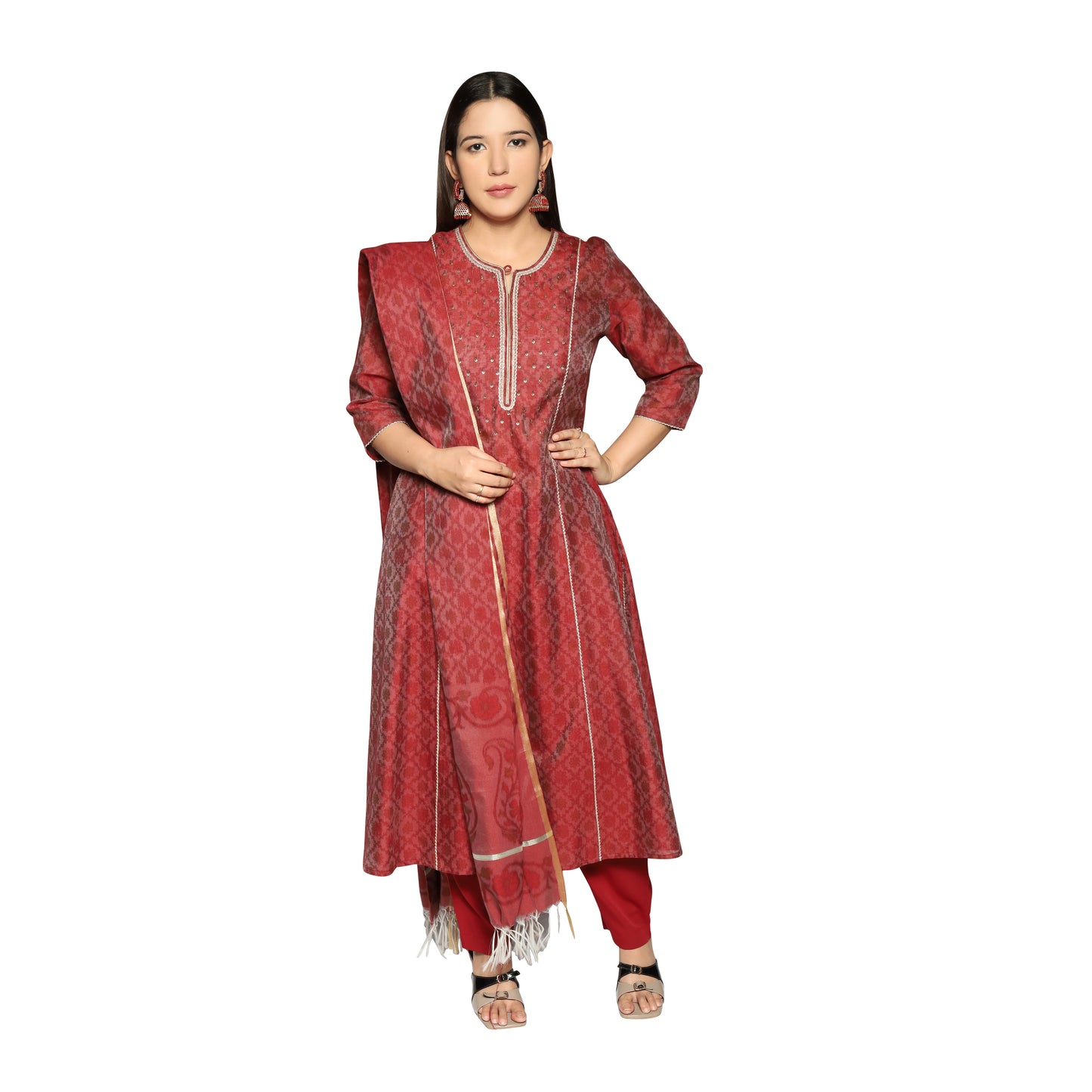 Maroon 3D Print Kurta and  Dupatta with solid Pants