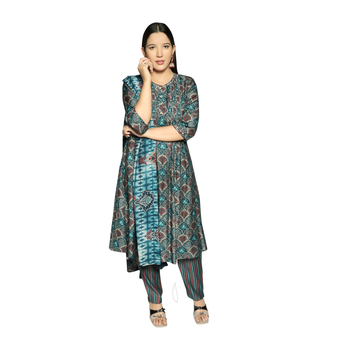 Peacock Blue Foil Printed Kurta along with printed pants and printed Dupatta