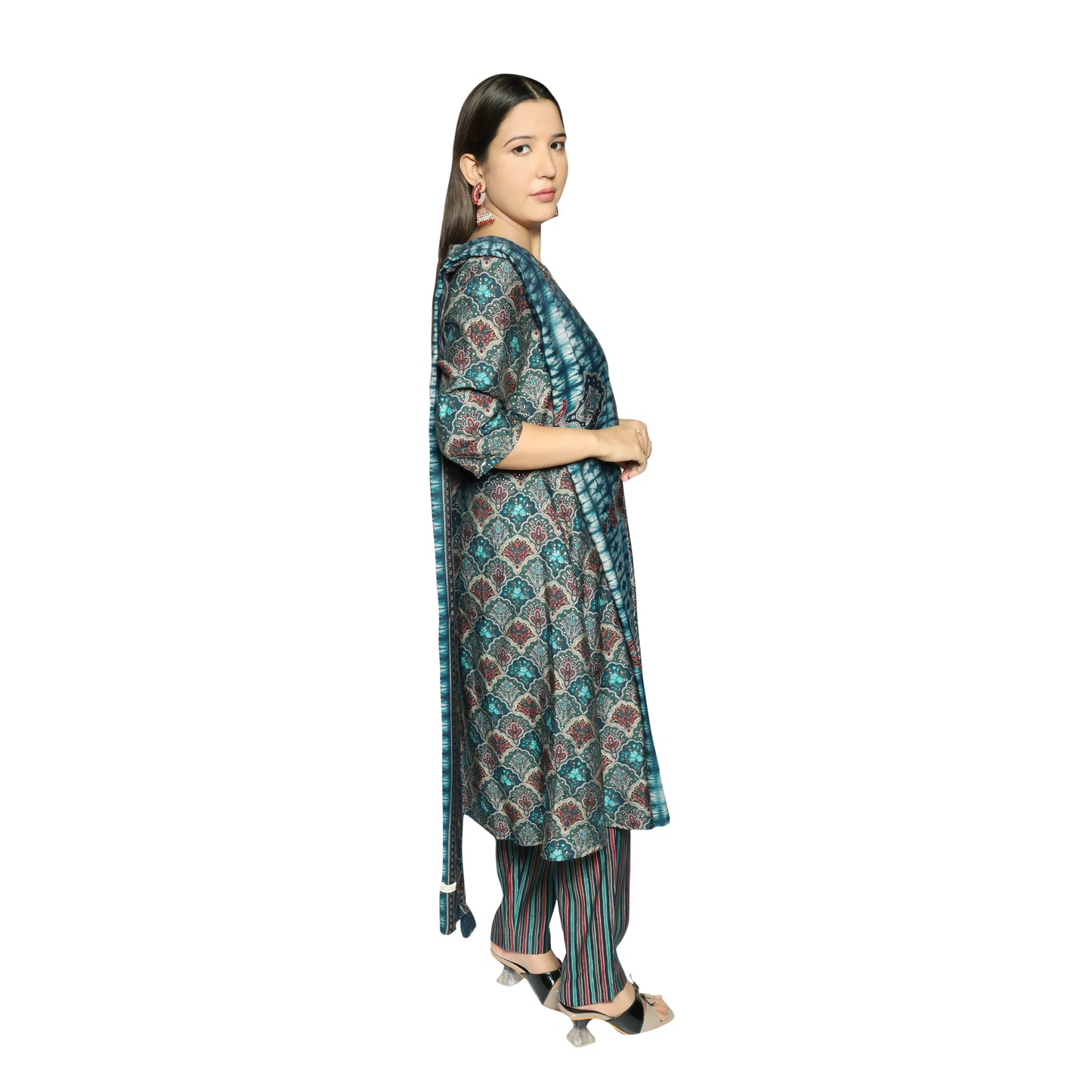 Peacock Blue Foil Printed Kurta along with printed pants and printed Dupatta