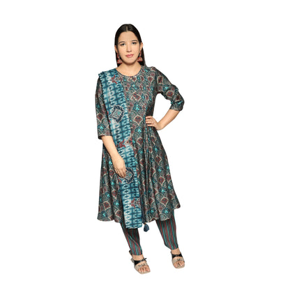 Peacock Blue Foil Printed Kurta along with printed pants and printed Dupatta