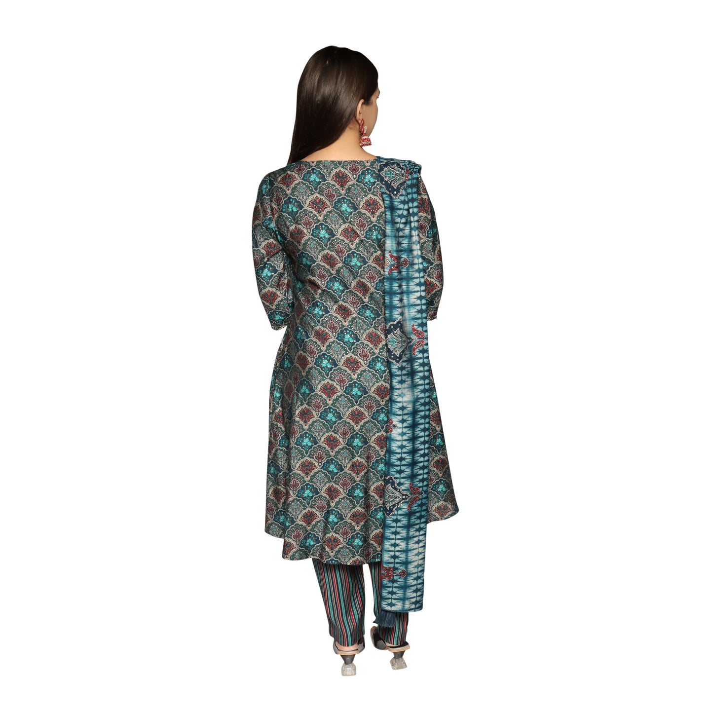 Peacock Blue Foil Printed Kurta along with printed pants and printed Dupatta