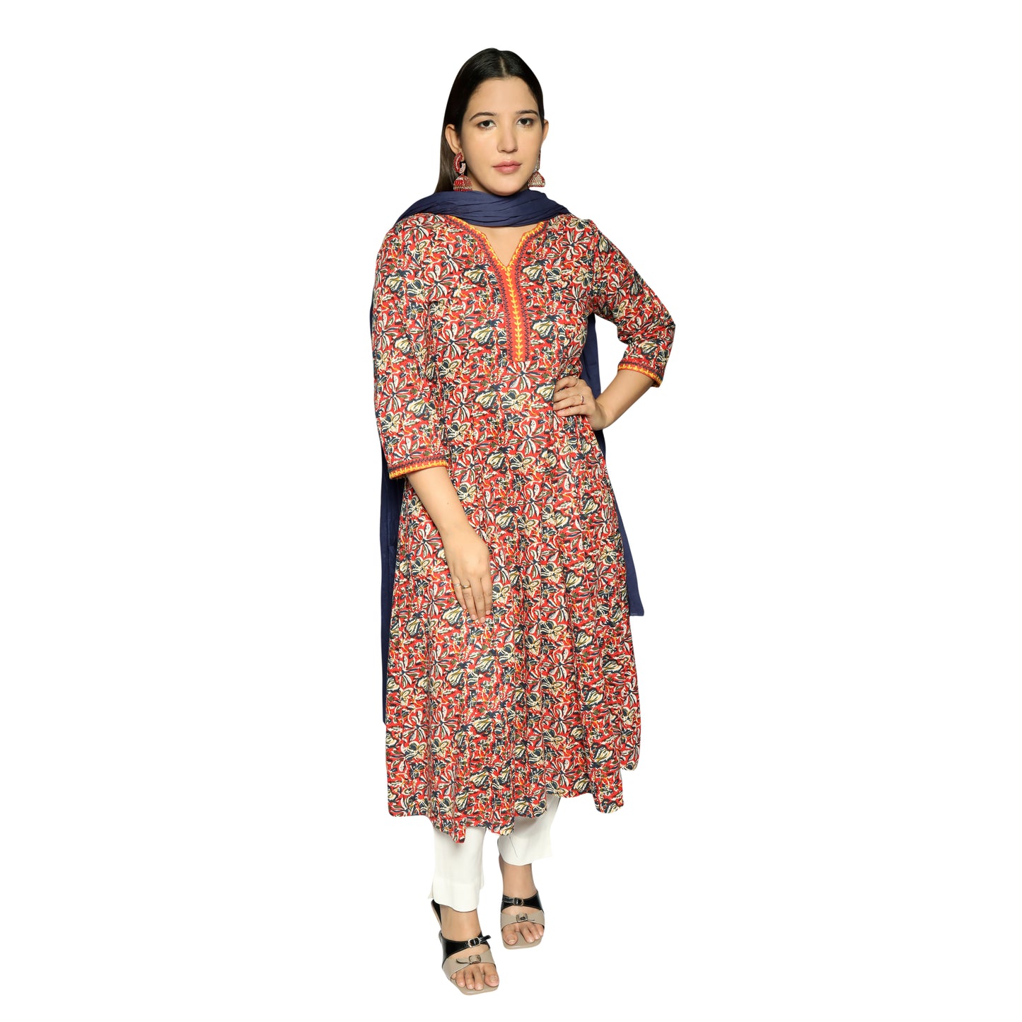 Dusty Red Printed Kalidar Kurta along with solid Pants and navy blue Dupatta