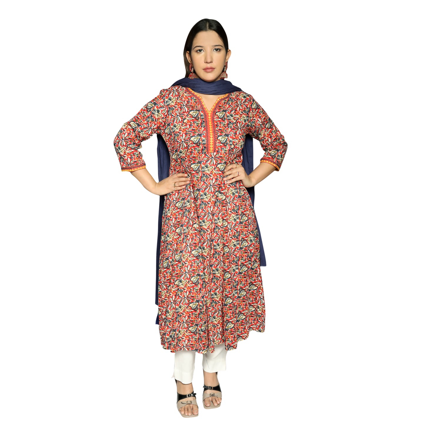 Dusty Red Printed Kalidar Kurta along with solid Pants and navy blue Dupatta