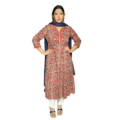 Dusty Red Printed Kalidar Kurta along with solid Pants and navy blue Dupatta